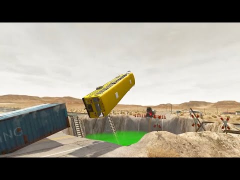 Cars and Ramp Truck vs Huge Pit and Trains #4 BeamNG Drive