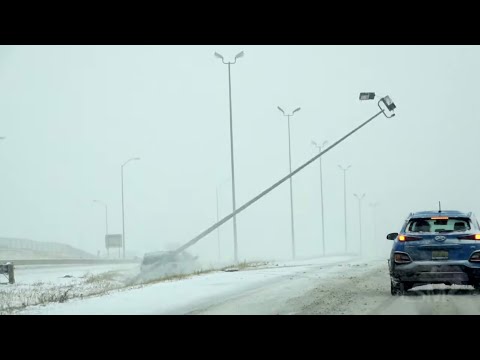10-24-2020 Rapid City, SD - Dramatic Accident SUV Spins Out Topples I-90 Light Pole in Snow