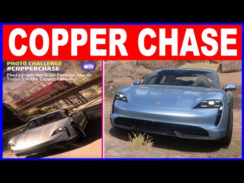 Forza Horizon 5 COPPER CHASE Photo Challenge Photograph Porsche Tycan Turbo S in the Copper Canyon