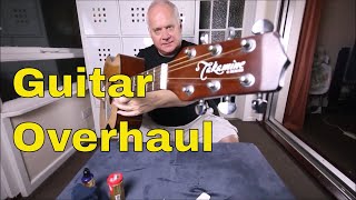 Video thumbnail for Takamine G240 Acoustic Guitar Lowering the Bridge Action | How to Restring a Guitar by molometer