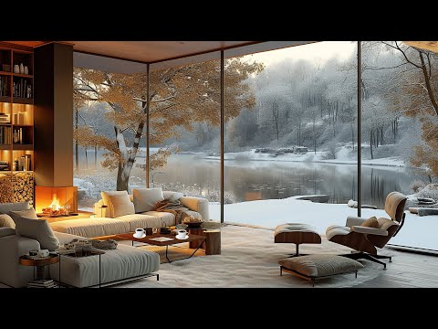 Soothing Winter Jazz With Fireplace ❄️☃️ Relaxing Jazz Background Music in Cozy Room By The Lake