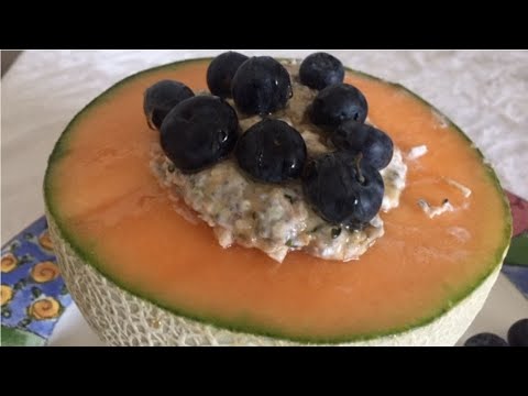 Overnight Oatmeal in Cantaloupe Fruit Bowl