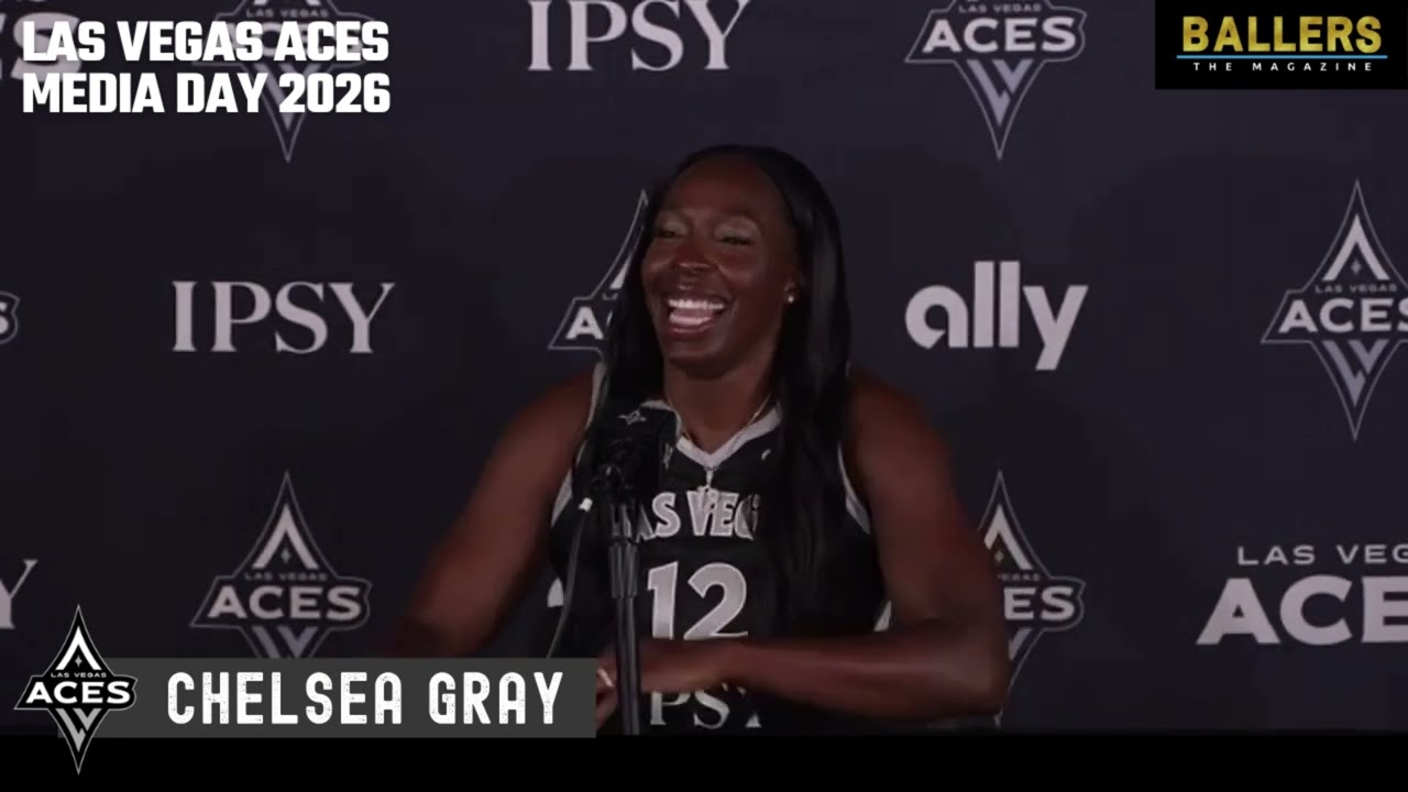 Chelsea Gray speaking at Las Vegas Aces Media Day 2026