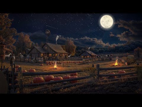 Peaceful Pumpkin Farm Autumn Ambience with Relaxing Crackling Fire & Night Nature Sounds for Sleep