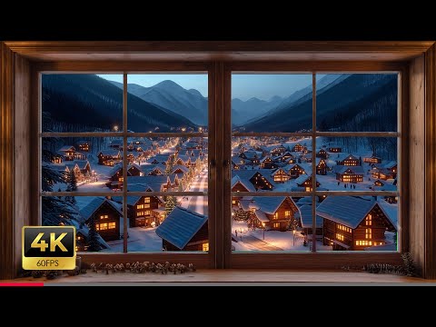 4K Christmas Town Winter Window View - Cozy Snow Ambience & Mountain Night Sounds for Sleep & Study
