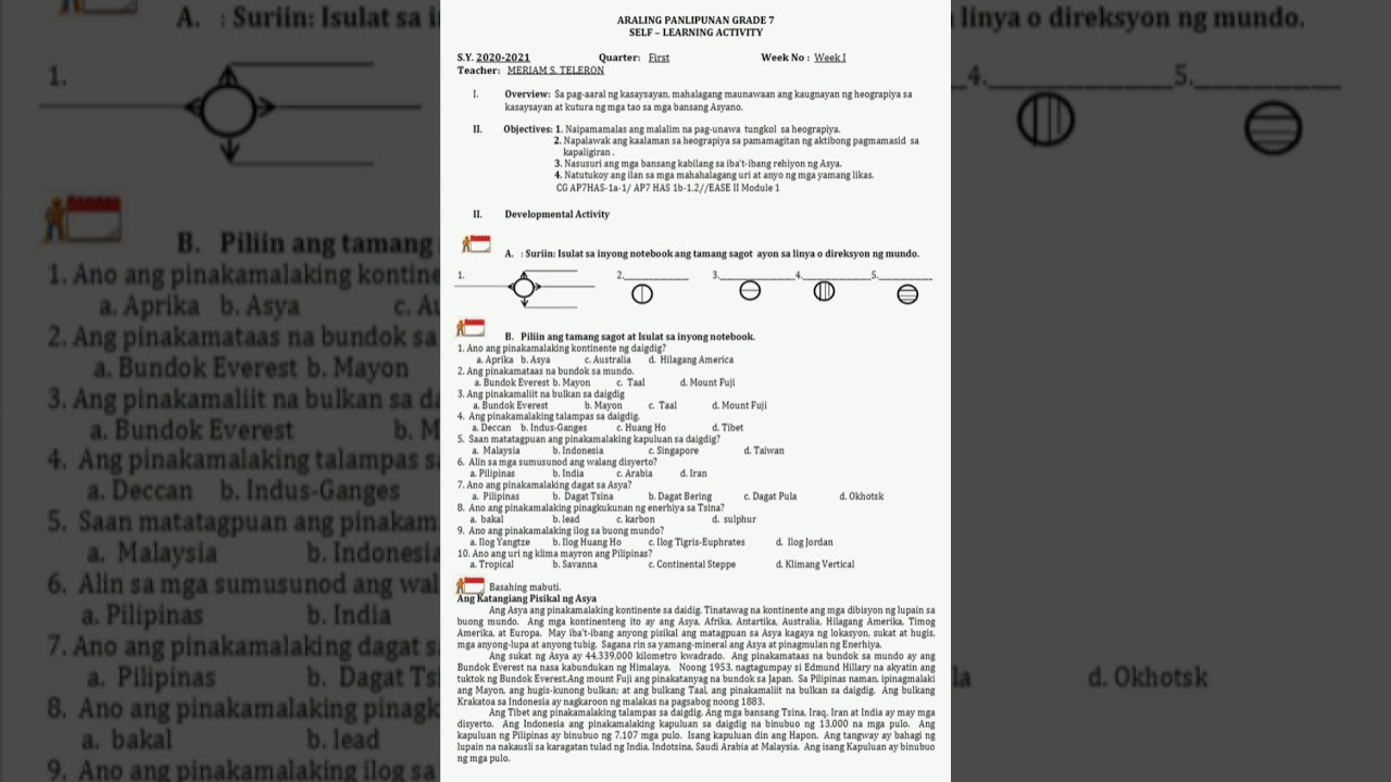 Araling Panlipunan Grade 7 Activity Sheet week  1 Quarter 1