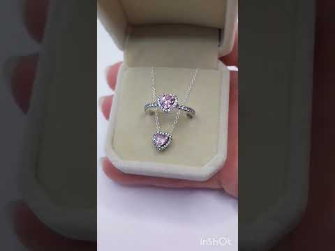 Подарок девушке Набор с цирконами "Розовый топаз в серебре" колье и кольцо стиль Pandora в форме сердечек В коробочке бархат - фото 1 - id-p2244858869