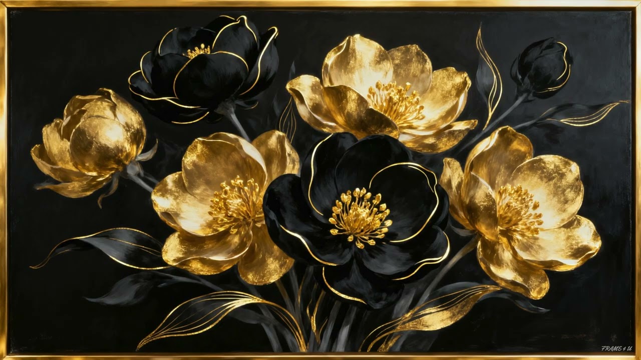 Vintage Luxurious Black & Gold Floral Art with Golden Frame — 2 Hours | Elegant TV Frame Art 4K
