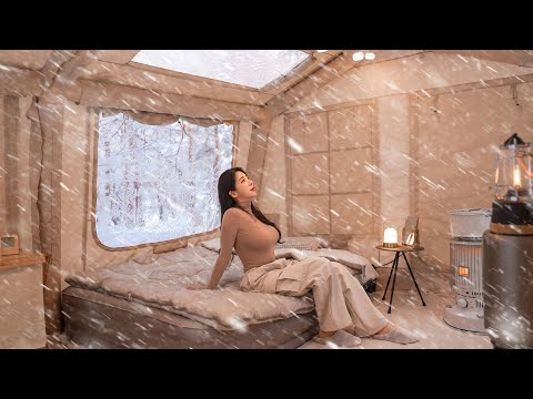 ❄ CAMPING IN THE SNOW STORM WITH 2 BEDROOM AIR TENTㅣSNOW ASMR