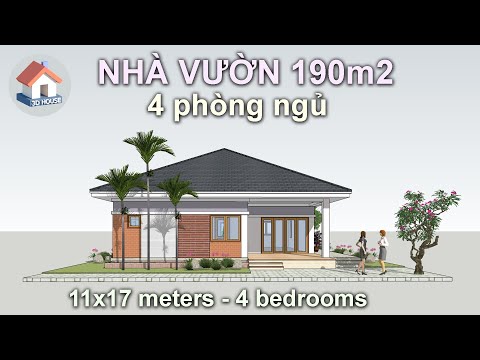 Mẫu thiết kế 3D nhà vườn 1 tầng 11m x 17m, 4 phòng ngủ tiện nghi