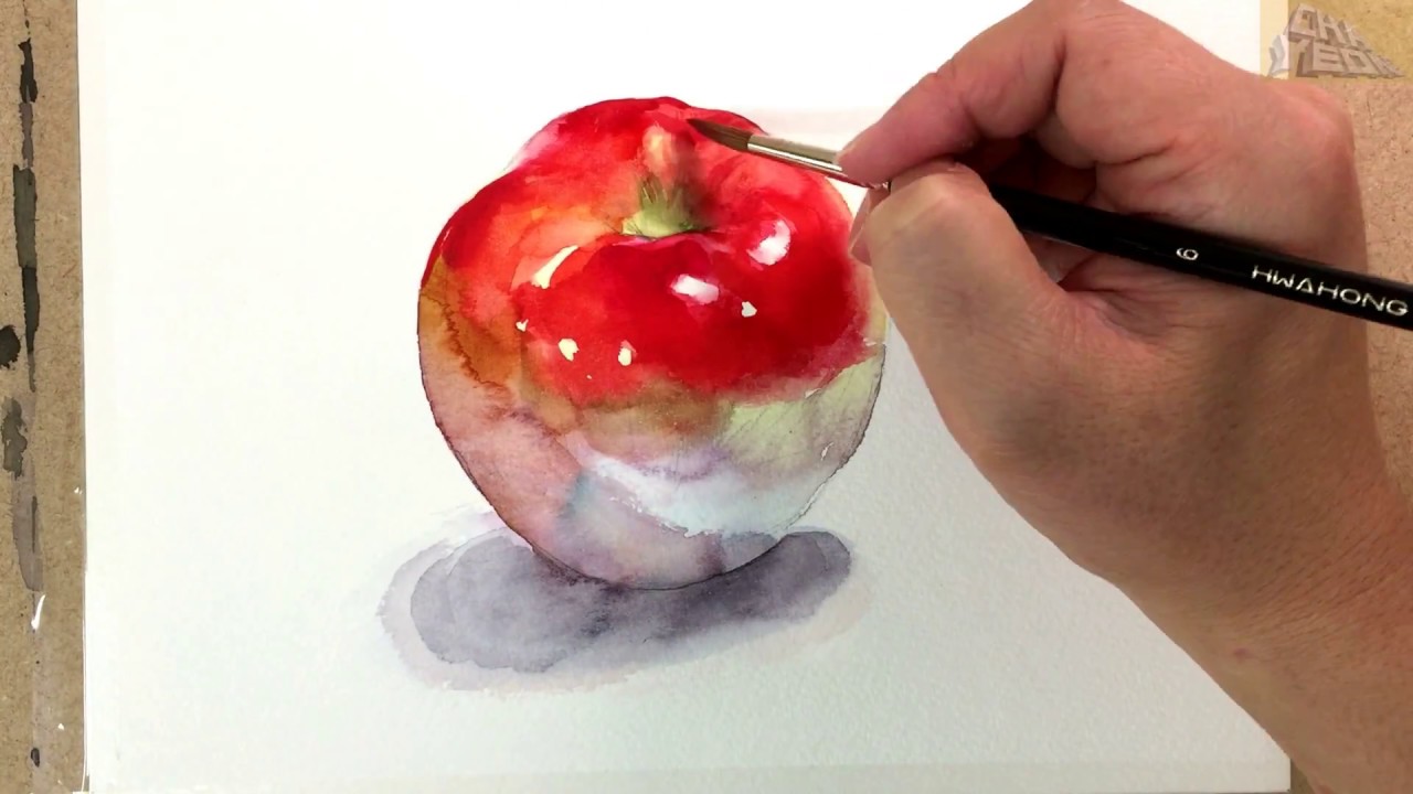 Realistic watercolor painting of apple by Cha Yeon