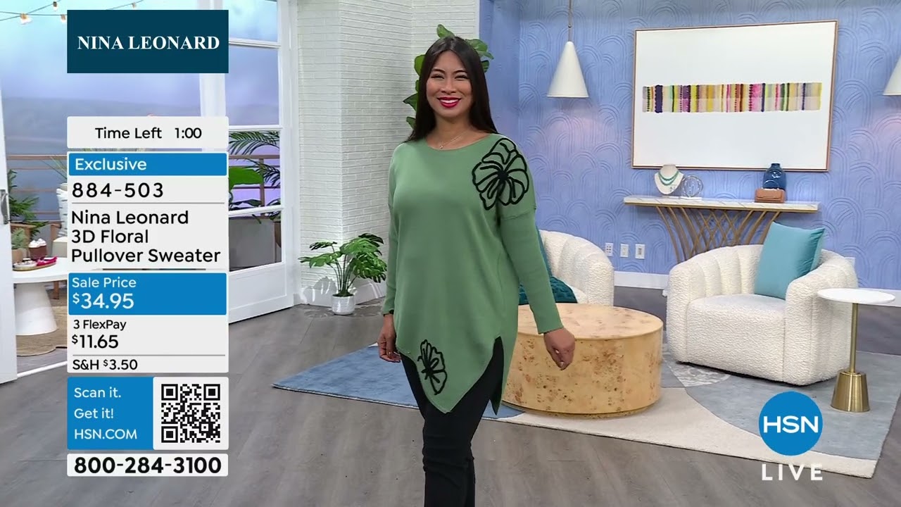 Nina Leonard 3D Floral Pullover Sweater