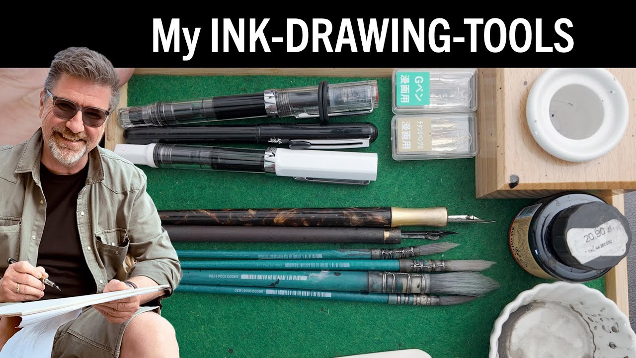 My tools for ink drawing - dip pens, fountain pens and brush pen.