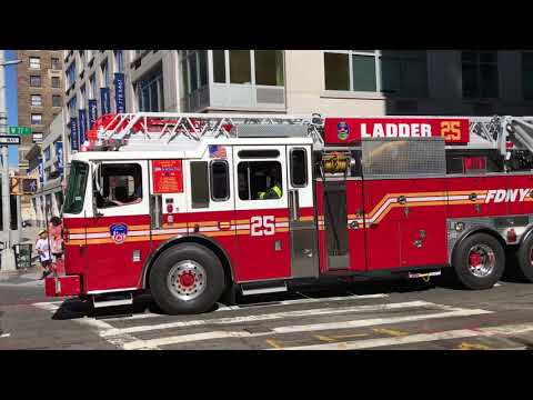 BRAND NEW 2017 FDNY LADDER 25 RESPONDING ON BROADWAY ON WEST SIDE OF MANHATTAN IN NEW YORK CITY.