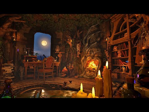 A Magical Rainy Night in Wizard's Tower 🧙⚗️ Ambience - Experience with Potions and Cozy Fireplace