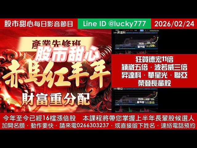 0224【甜心盤後節目】【赤馬紅羊先修班帶您掌握上半年長輩股侯選人】狂賀！德宏11倍．穎崴五倍．波若威三倍，昇達科．華星光．聯亞榮登長輩股！