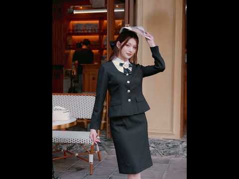 Definir bộ công sở dạ Texto Hàn phối chân váy mas chì màu đen thanh lịch - AD13B220