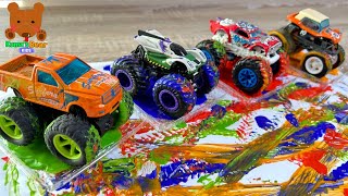 Monster Trucks Get Messy with Colorful Paints! Let's Wash Messy Trucks! 【Kuma's Bear Kids】