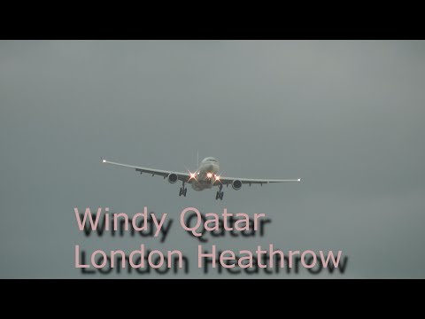 Crosswind Landing Qatar Airways A330 Stormy London Heathrow Airport with ATC