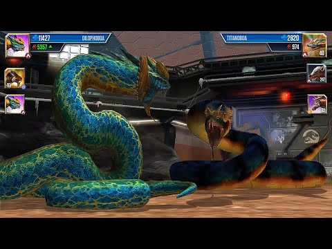 THE NEW GIANT HYBRID SNAKE DILOPHOBOA VS TITANOBOA | BATTLE | WHO WILL WIN | JURASSIC WORLD THE GAME