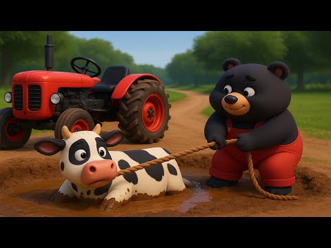 Oh No! Cow Fell Into the Swamp 🐄 – Brave Bear Farmer Rescues with Tractor 🚜| Vehicles Farm Animated