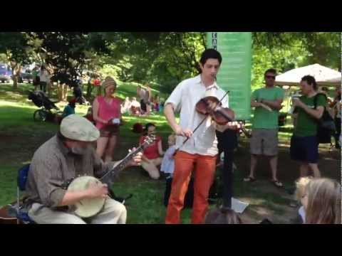 Mickey fiddles with dad Mick Kinney banjo, Kids Dance! - Grant Park Farmers Market May 2012