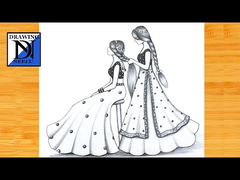How to Draw Girl Braiding Her Friend's Hair || Pencil sketch for beginner || Girls best friends