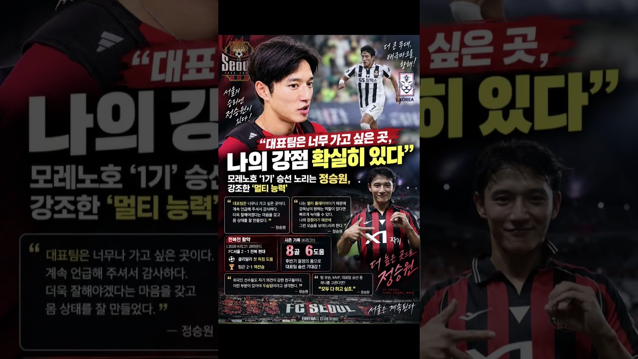 #정승원 #FC서울 #K리그1 #대한민국축구대표팀 #모레노호 #멀티플레이어 #8골6도움 #국가대표 #서울의승리 #태극마크