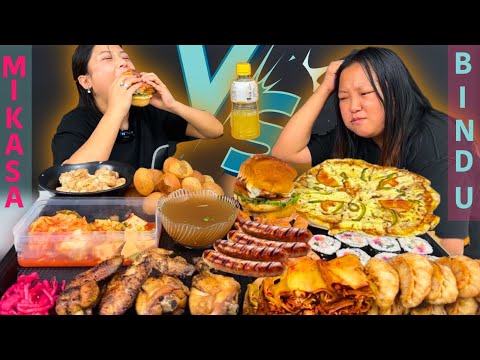 BOTTLE FLIP WITH @Mikasafoodie 10 ITEMS!!?WHO ATE THE MOST??