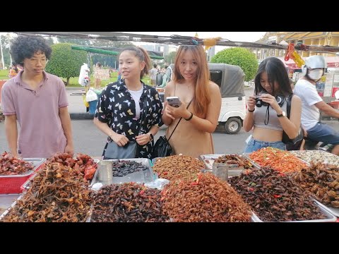 CAMBODIAN Exotic Food - Fried Bird Spider Cricket Bug Giant Water & More... Riverside Walking 2022