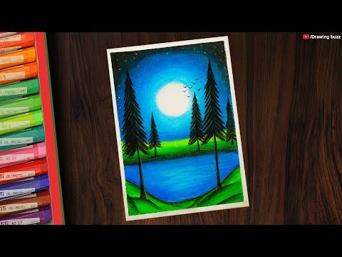 Moonlight Waterfall scenery drawing for beginners with Oil Pastels step by step | Drawing Buzz