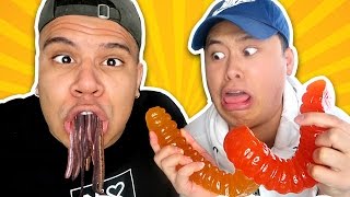 GUMMY FOOD vs. REAL FOOD CHALLENGE!! (EATING LIVE WORMS) GIANT GUMMY FOOD