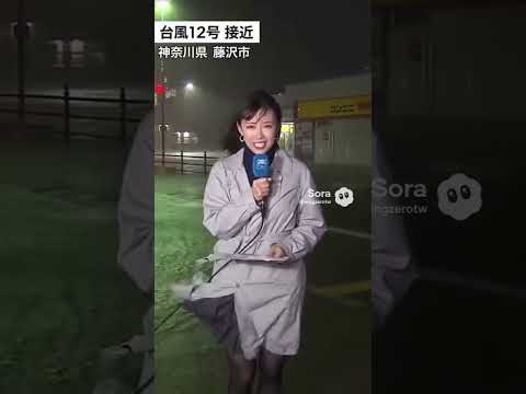 ミニスカ女子アナの中継中に台風でバケツが顔面直撃