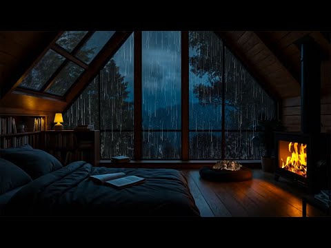 Rainy Attic Retreat | Rain Night by Cozy Fireplace for Fall Asleep, Study and Focus
