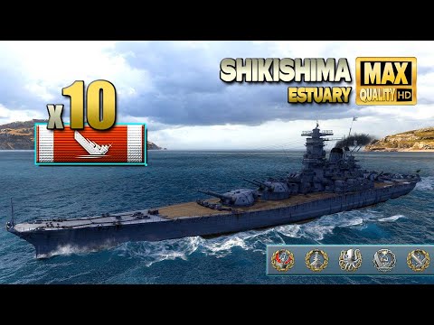 battleship Shikishima: 10 ships destroyed on map Estuary - World of Warships