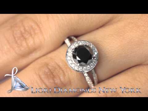BDR-189 - 2.29 Carat Certified Black Diamond Engagement Ring Pave Halo 14k White Gold