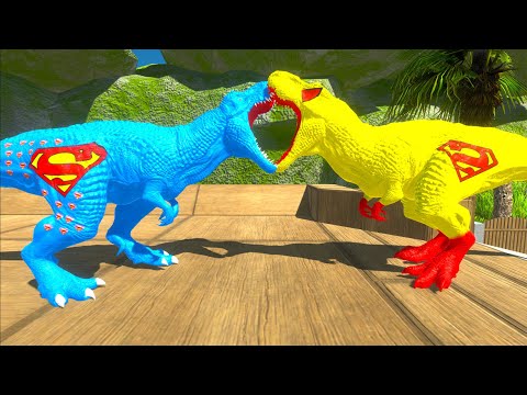 SUPERMAN T-REX vs DEADPOOL SPINOSAURUS vs YELLOW SUPERMAN T-REX DEATH RUN - Animal Revolt Battle Sim