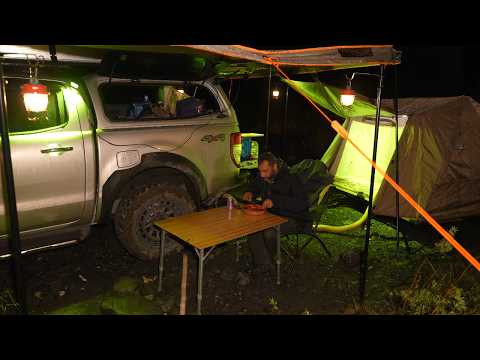 , title : 'Camping in the Rain - Elevated Tent - Diesel Heating'