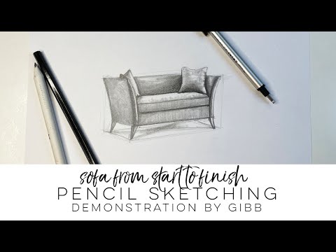 How to draw furniture, pencil sketch a sofa from beginning to end, time lapsed with instruction
