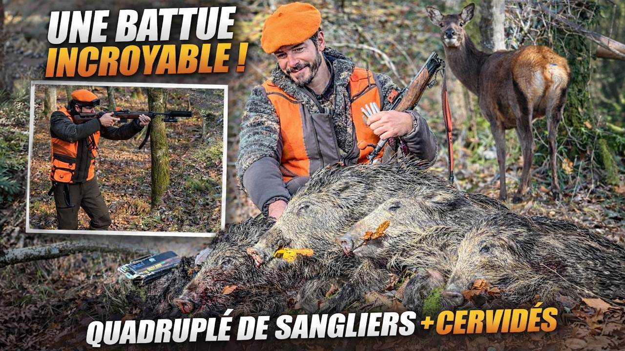Une battue exceptionnelle: quadruplé de sangliers et un cervidé au même poste !