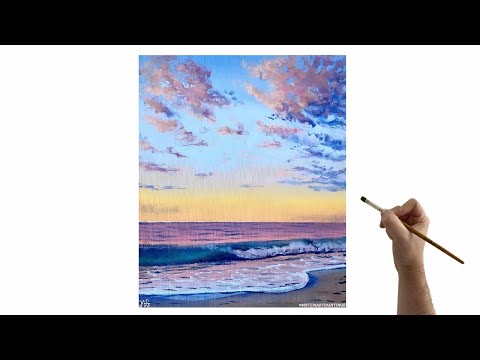 How to paint a Sunset over the ocean for beginners/medium - Acrylic painting tutorial ocean sunset