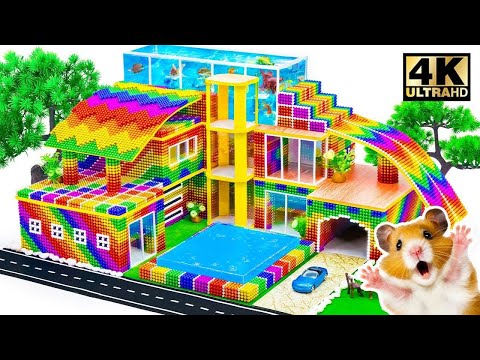 Build Realistic Mansion Have Colorful Rainbow Fish Tank On Rooftop And Wavy Slide From Magnet Balls