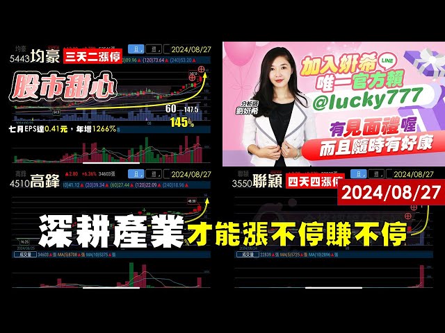 08/27【甜心盤後影音】深耕產業才能漲不停賺不停，均豪．均華．聯穎．高鋒