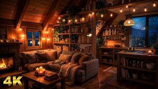 Thunderstorm in a Divided Cabin ⛈️ Cozy Living Room, Fireplace & Kitchen Ambience