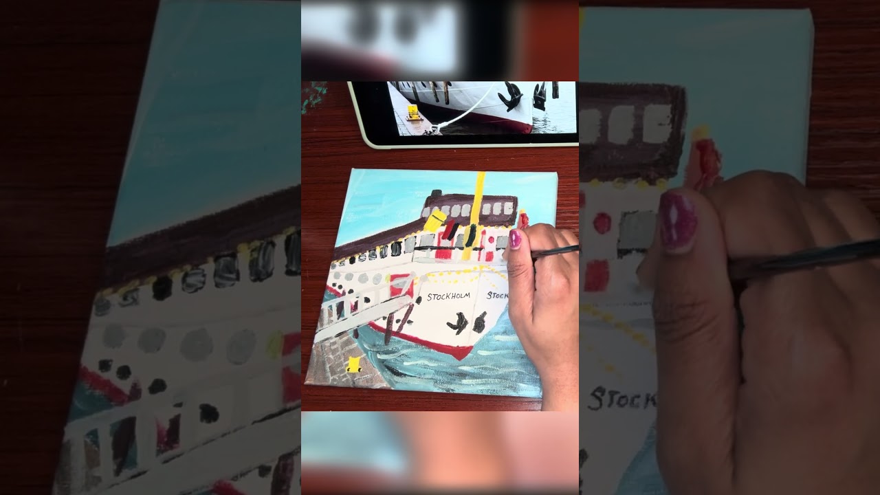 Painting a scene inspired by a boat tour in Stockholm, Sweden. Original 8x8 acrylic. @Strommaplay