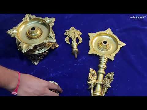 Divine Artistry Sacred Beauty Puja Brass Samai Lamp With Spiritual Grace Shank Chakra Symbols video