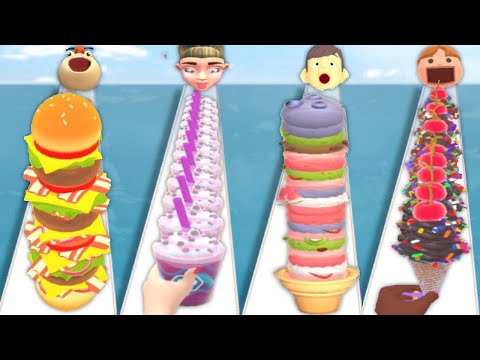 BURGER RUSH vs COFFEE STACK vs ICE CREAM RUN vs POPSICLE STACK - Quadruple Gameplay All Levels