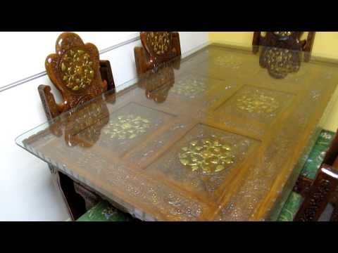 Dinning table teak wood hand carved brass inlay made in indi...
