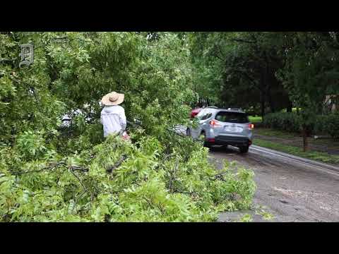 Cleanup after storms knocked down townhomes under construction and many trees in Dallas