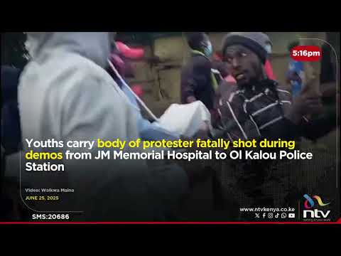 Youths carry body of fatally shot protester from hospital to Ol Kalou Police Station